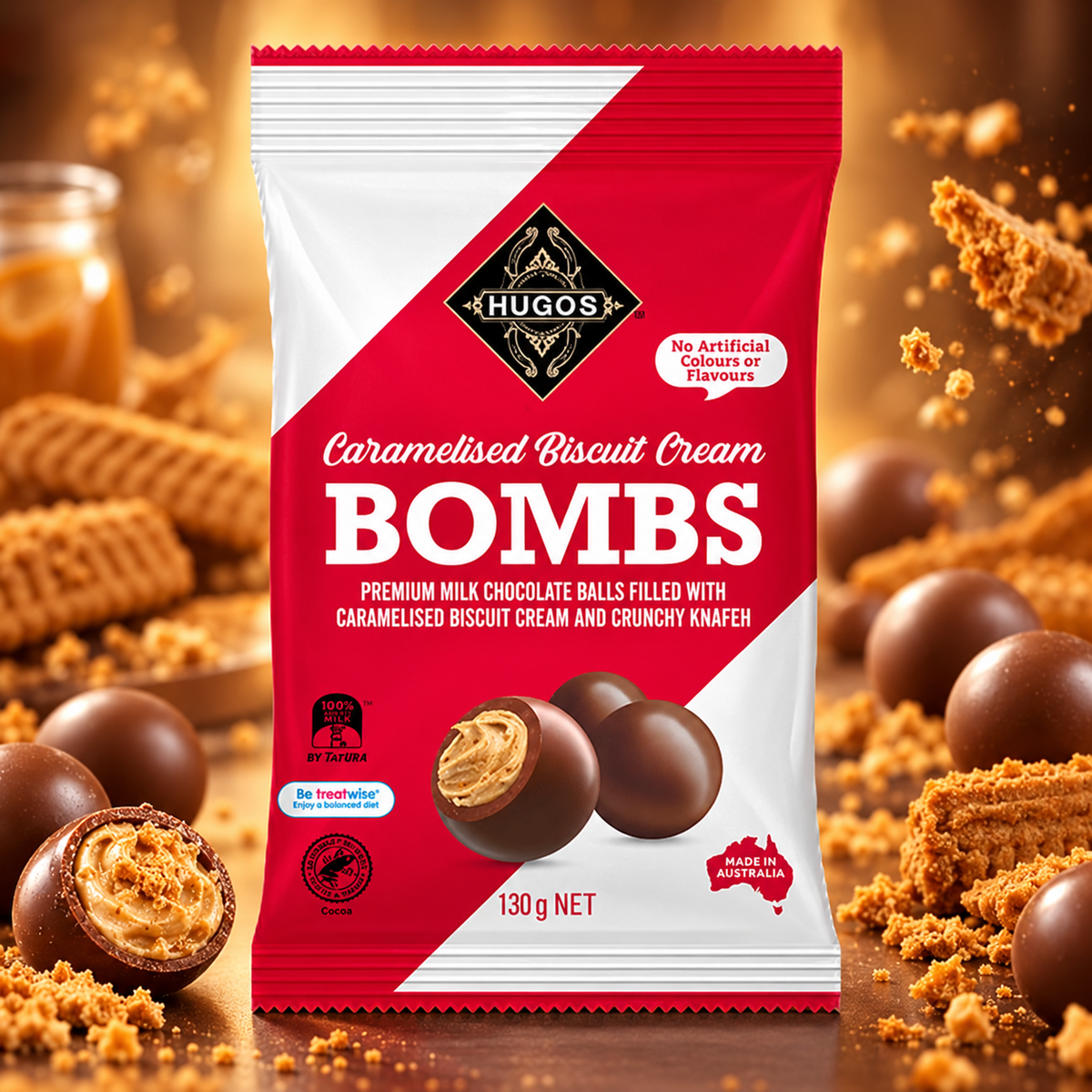 Australian Hugos Caramelised Biscuit Cream Bombs (Biscoff) 130gm (Case of 12)
