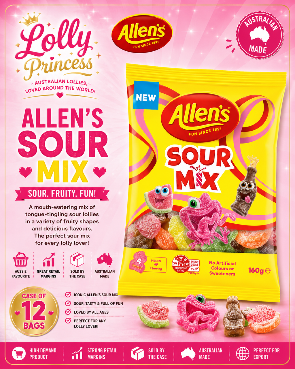 Allen's Lollies - Sour Mix 160gm (Case x12)