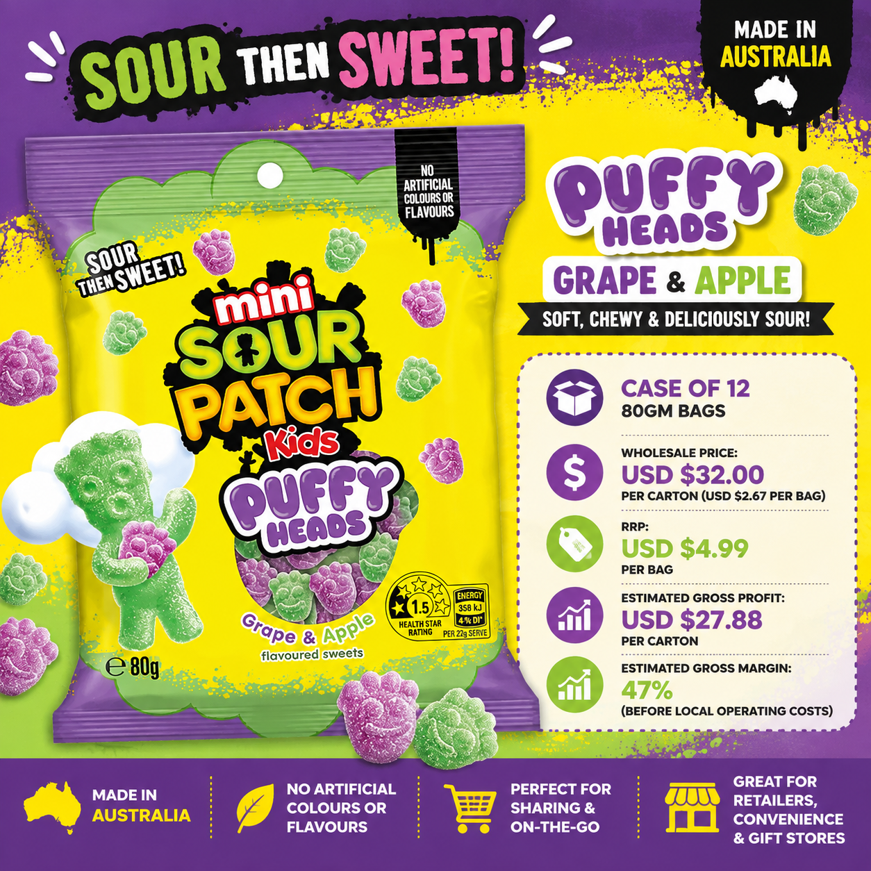 Sour Patch Kids Mini's Puffy Heads Grape + Apple  (Case of 12)