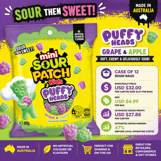 Sour Patch Kids Mini's Puffy Heads Grape + Apple  (Case of 12)