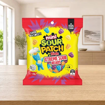 Sour Patch Kids Mini Xtreme Sour Heads 80gm Bags (Case of 32)