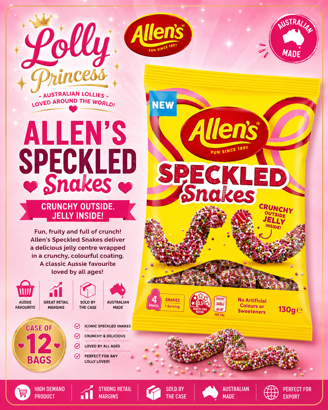 Allen's Lollies - Speckled Snakes (Case x12)