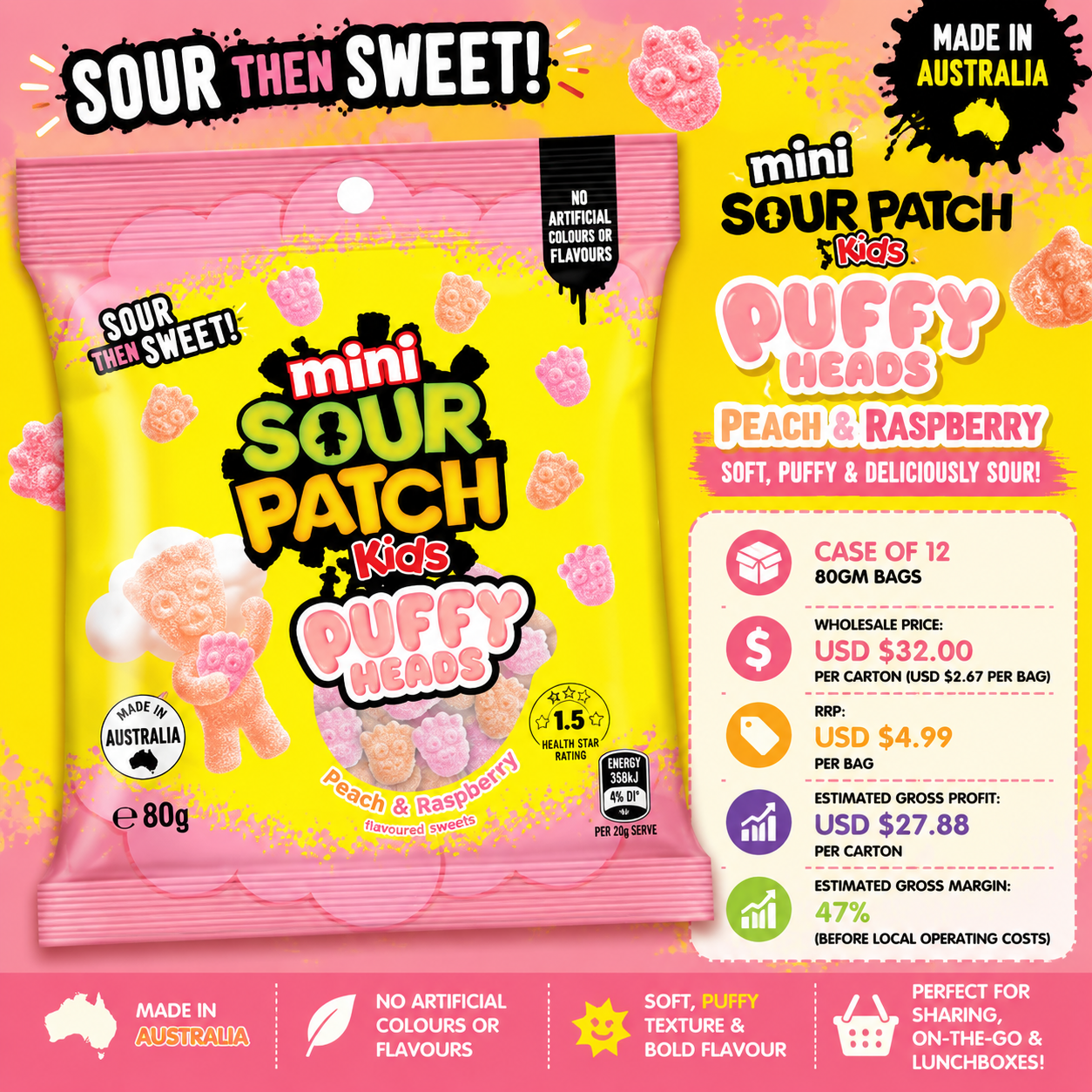 Sour Patch Kids Mini's Puffy Heads Peach and Raspberry (Case of 12)