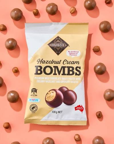 Australian Hugos Hazelnut Cream Bombs 130gm (Case of 12)